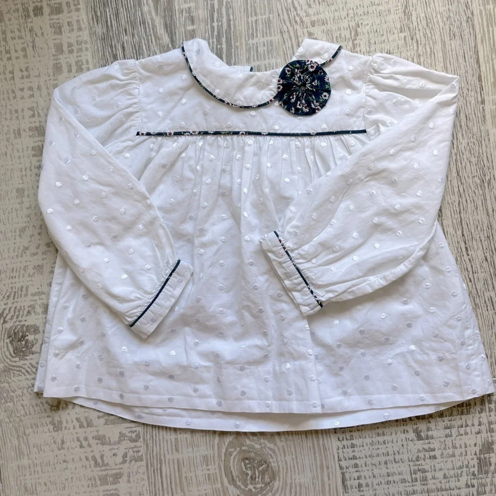 Alice Kathleen and Co Floral Long Sleeve White Swiss Dot Top Sz 4 Toddler